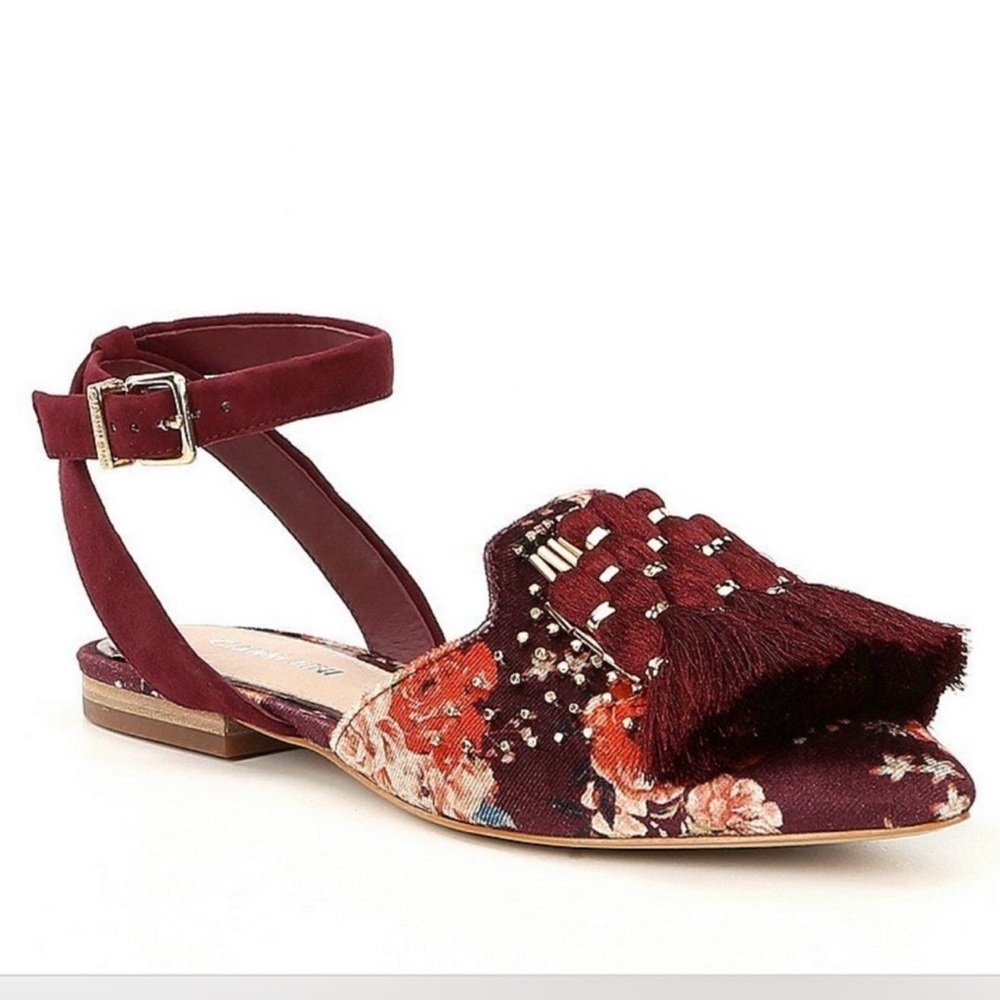 Gianni Bini Sarulli Burgundy Floral Tapestry Tassel Velvet Strap Mule Size 9